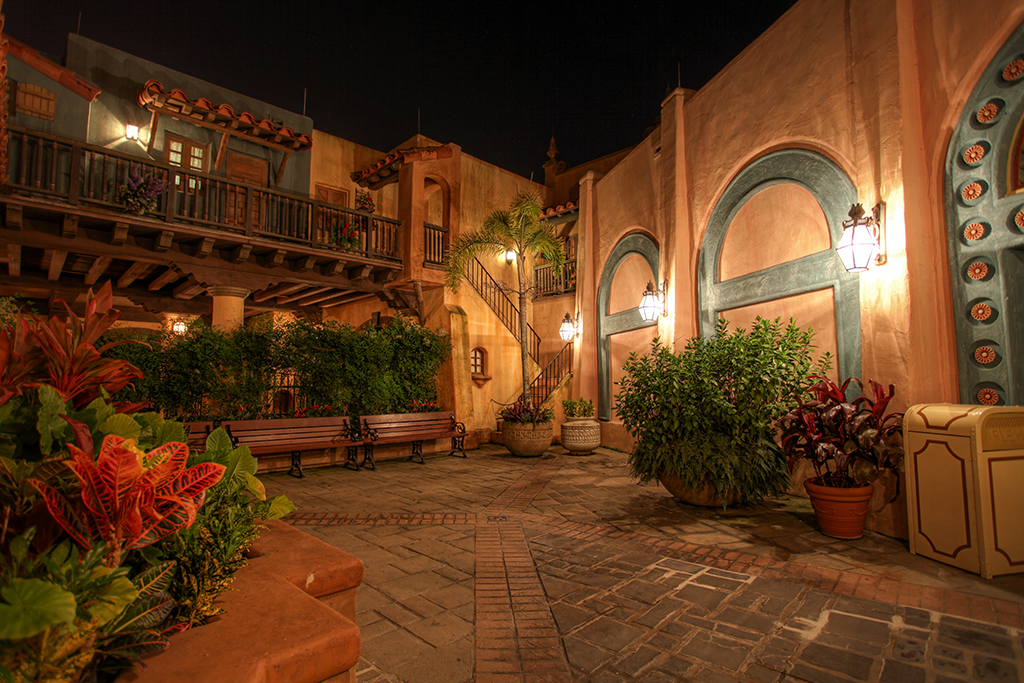 Spanish courtyard outside Pirates of the Caribbean ride at Magic Kingdom